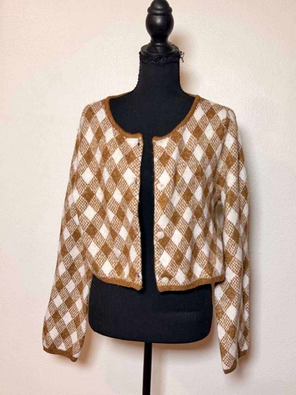 Zara Brown & Cream Gingham Check Cropped Cardigan Cottagecore Grandma Fall